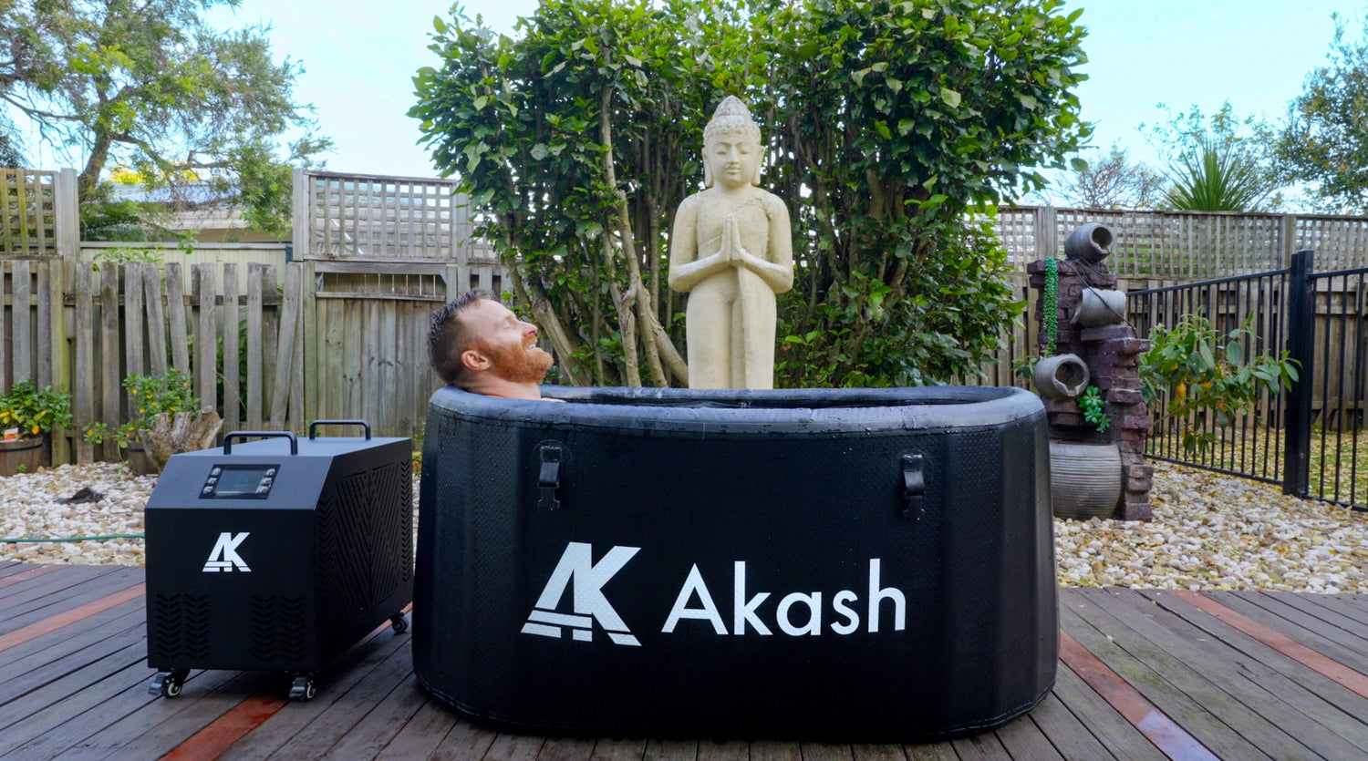 John enjoying his akash cold plunge system. A portable iceless tub with 1HP chiller.